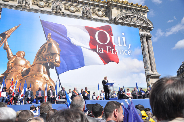 The French far-right leader Marine le Pen addresses a rally (Credit: Blandine Le Cain, CC BY 2.0)