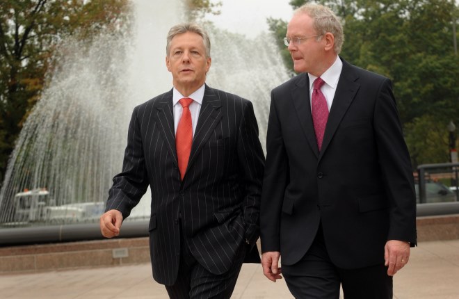 First Minister Peter Robinson and deputy First Minister Martin McGuinness on their way to meet the press