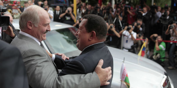 The late Venezuelan president Hugo Chávez and the president of Belarus Alexander Lukashenko meet at the Miraflores Palace in Caracas. Photo: 